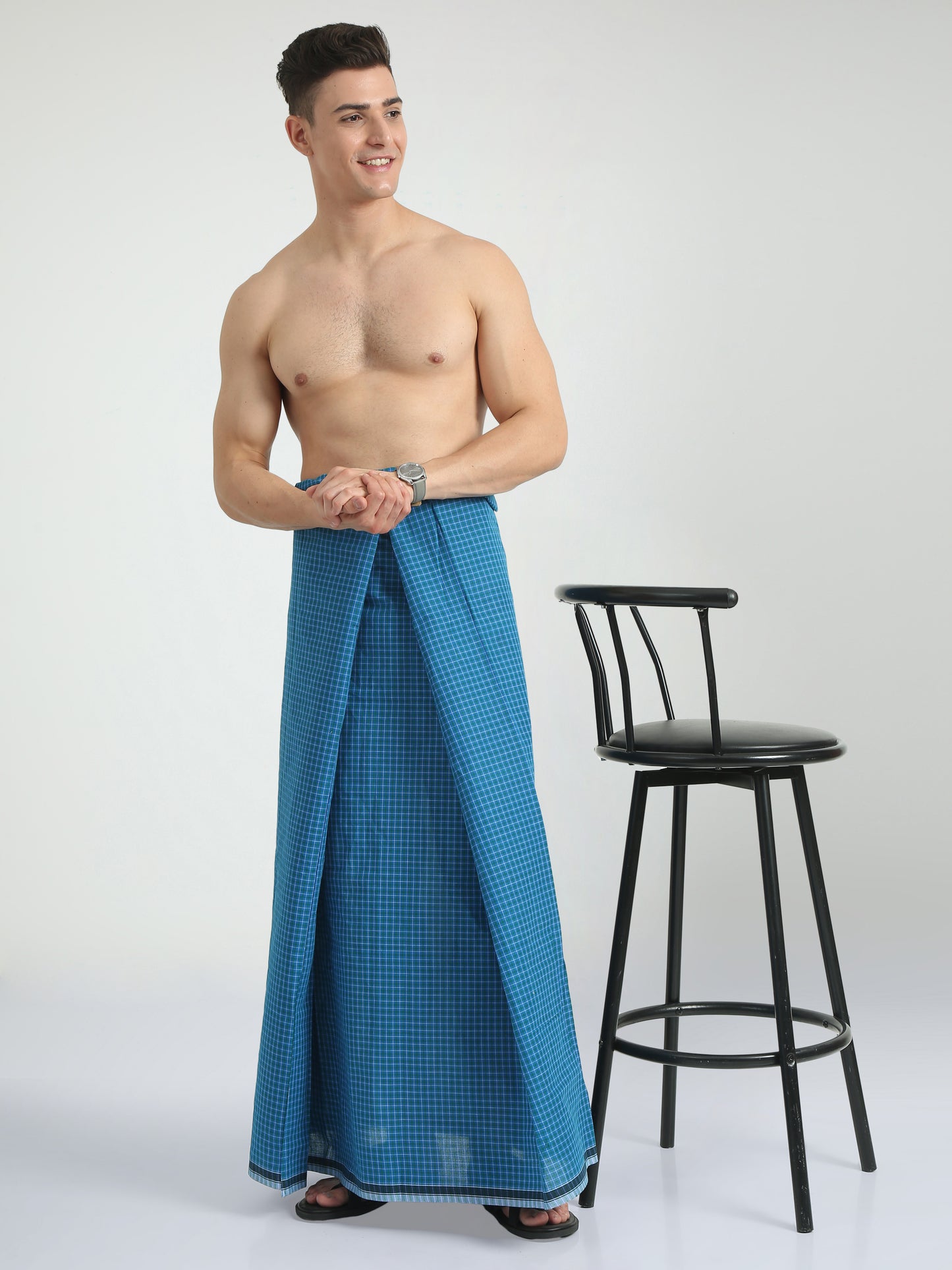Urban Lungies - 100% Pure Cotton - Pin Point Blue and Green Unstiched Lungi 2.10 meters