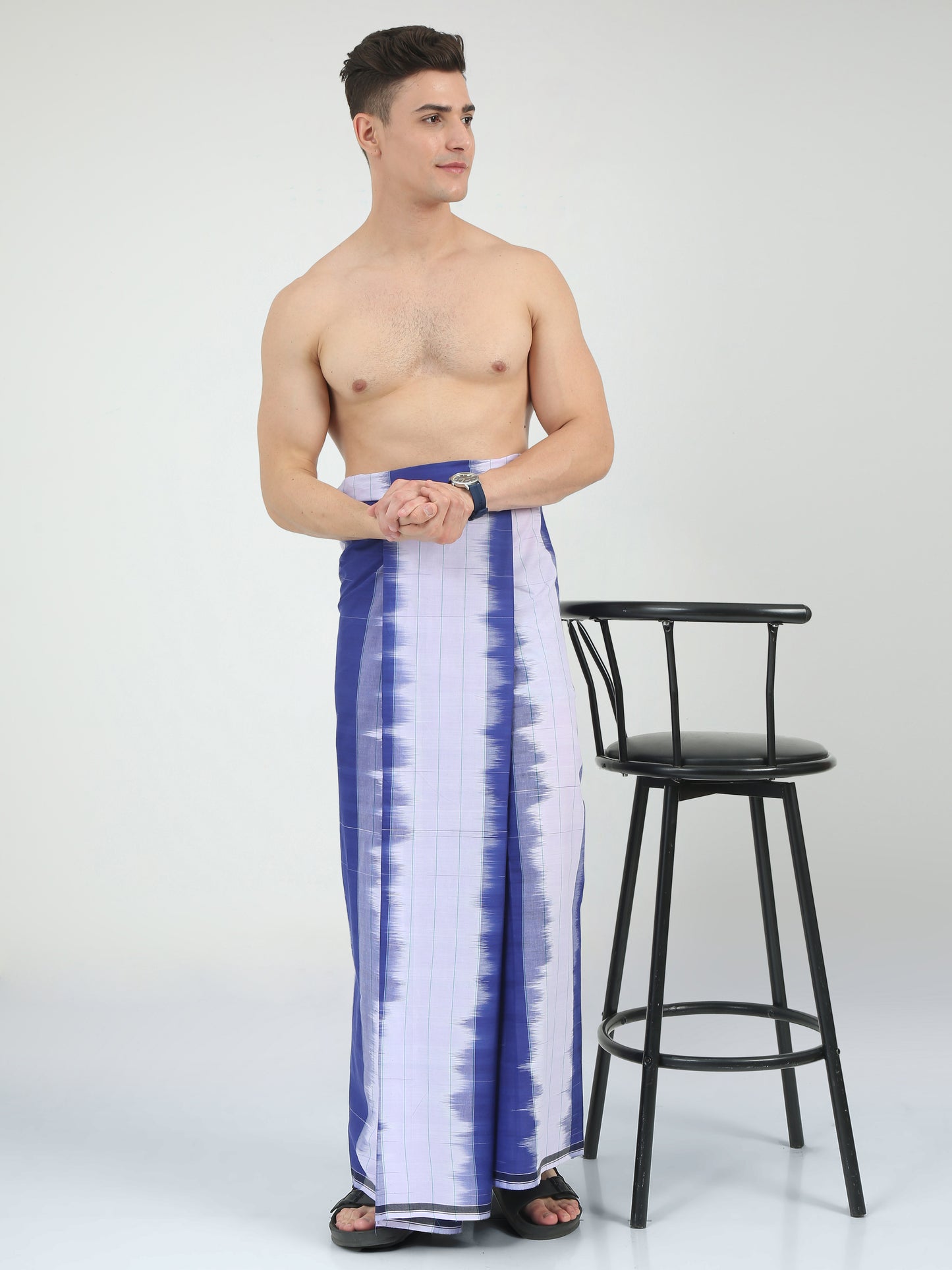 Urban Lungies - 100% Pure Cotton - Striped Katari Blue Unstiched Lungi 2.10 meters