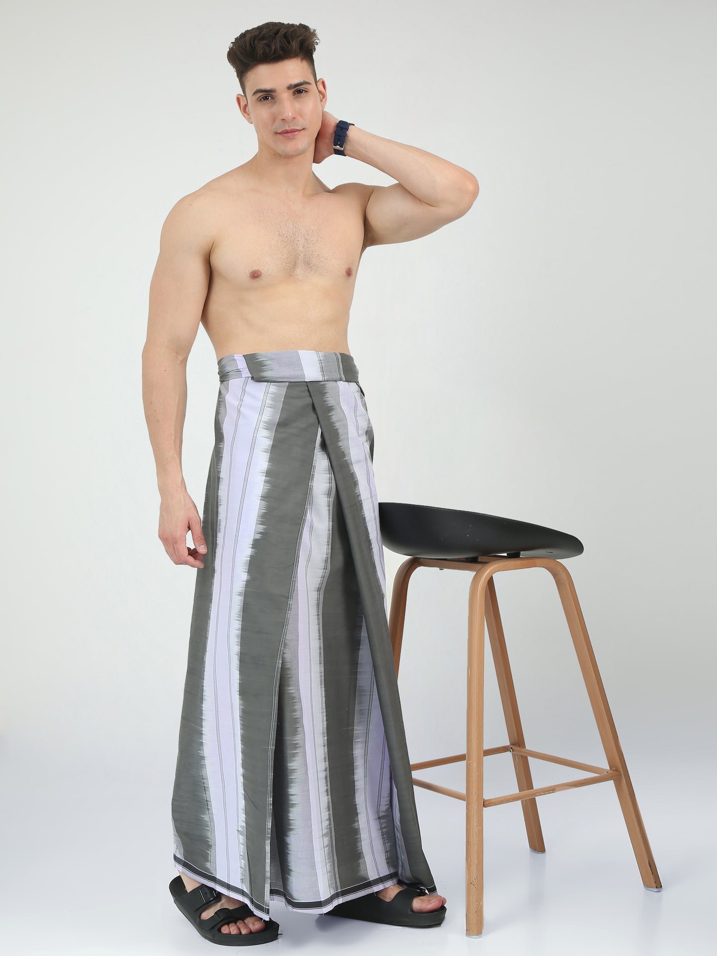 Urban Lungies - 100% Pure Cotton - Striped Katari Grey Unstiched Lungi 2.10 meters