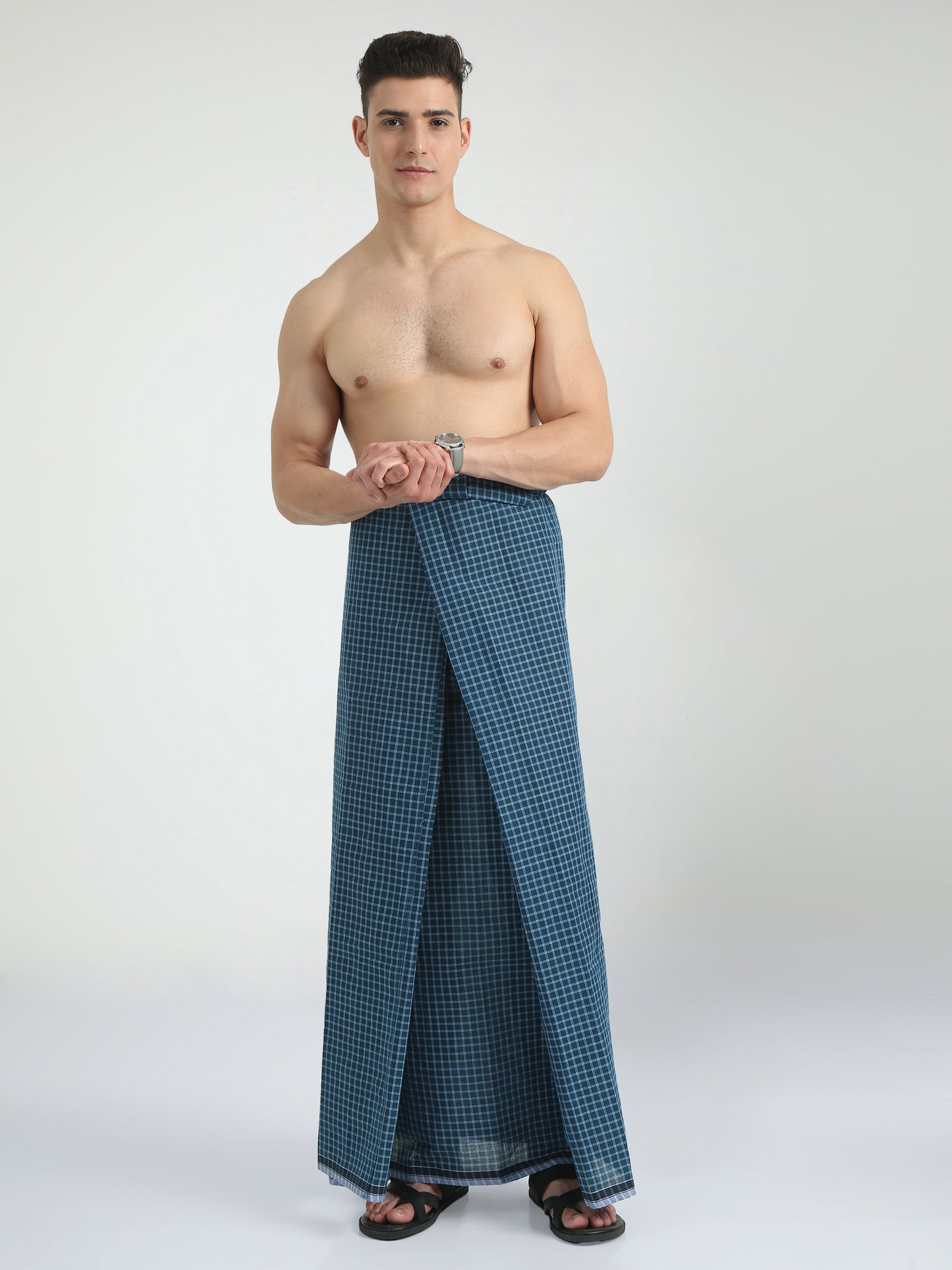 Urban Lungies - 100% Pure Cotton - Mini Checks Dark Blue Unstiched Lungi 2.10 meters