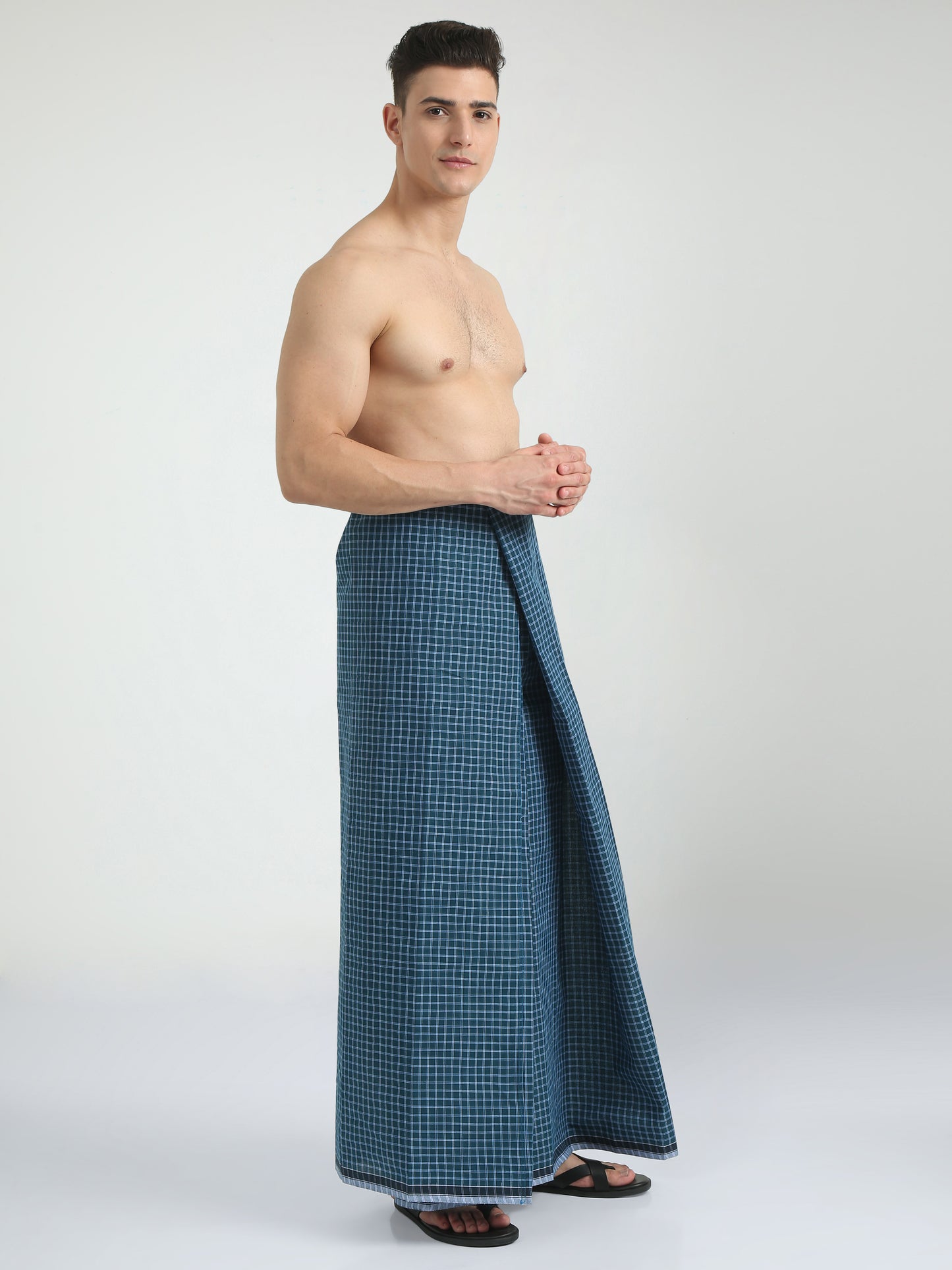 Urban Lungies - 100% Pure Cotton - Mini Checks Dark Blue Unstiched Lungi 2.10 meters