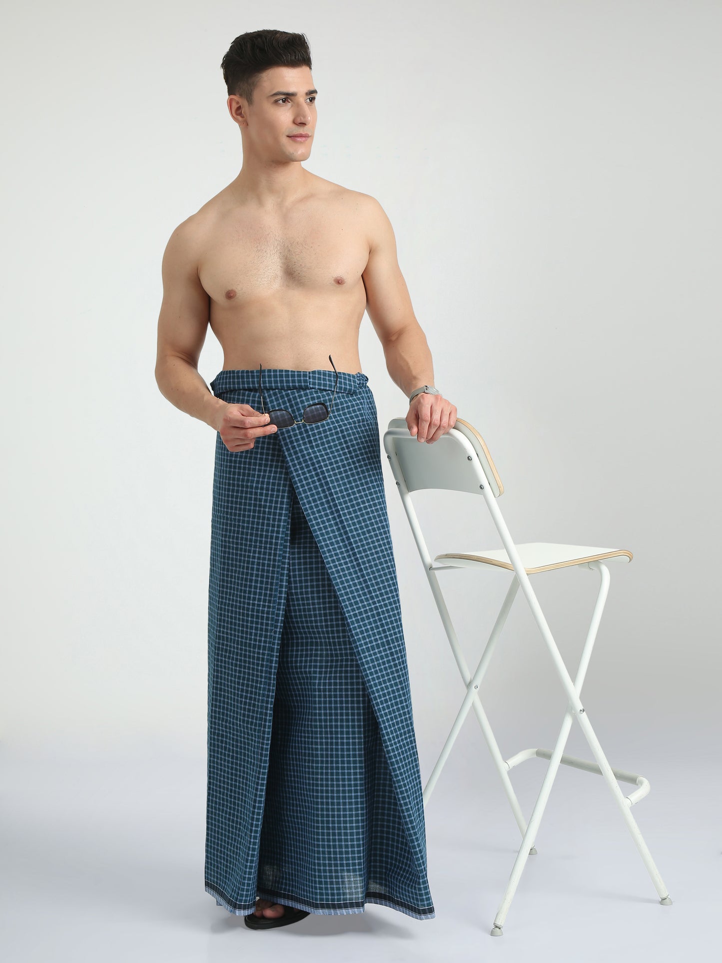 Urban Lungies - 100% Pure Cotton - Mini Checks Dark Blue Unstiched Lungi 2.10 meters