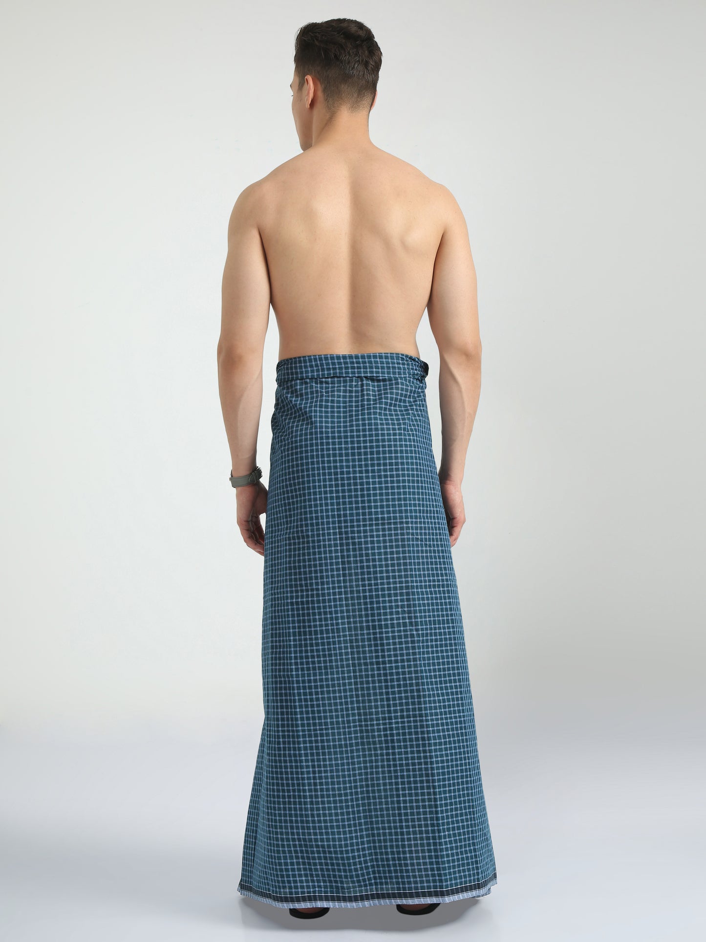 Urban Lungies - 100% Pure Cotton - Mini Checks Dark Blue Unstiched Lungi 2.10 meters