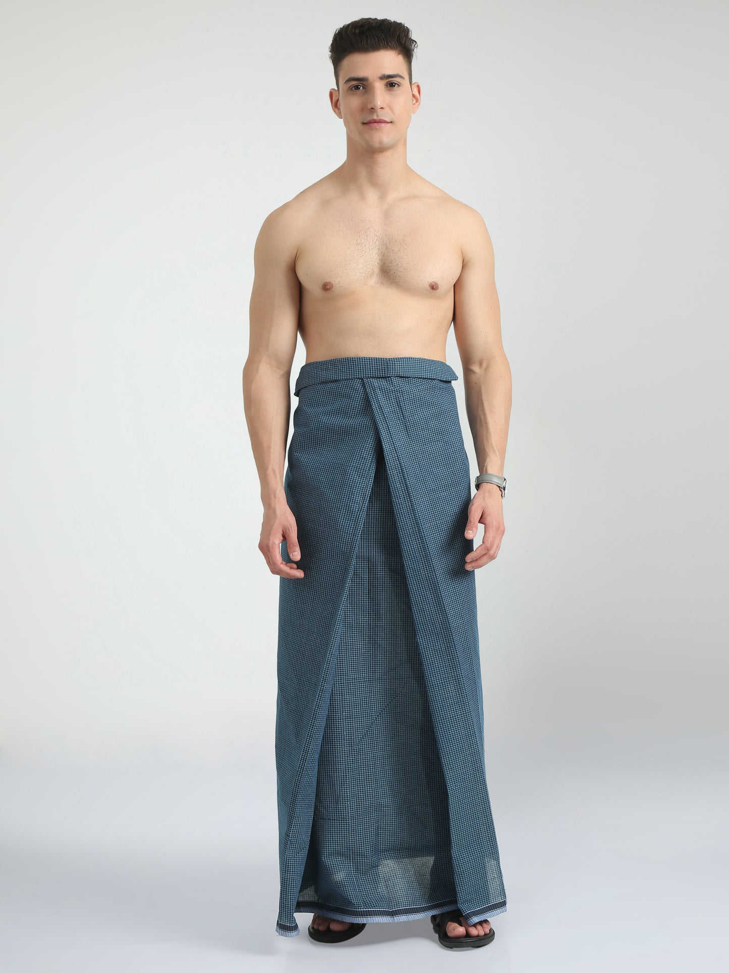 Urban Lungies - 100% Pure Cotton - Classic Kasturi Navy Blue Unstiched Lungi 2.10 meters