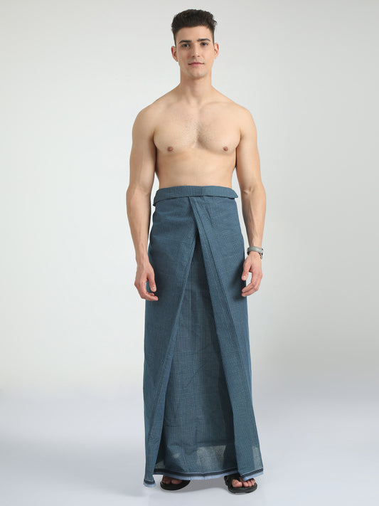 Urban Lungies - 100% Pure Cotton - Classic Kasturi Navy Blue Unstiched Lungi 2.10 meters