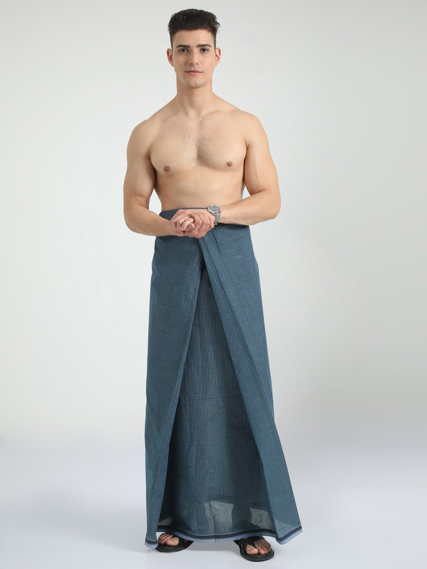 Urban Lungies - 100% Pure Cotton - Classic Kasturi Navy Blue Unstiched Lungi 2.10 meters