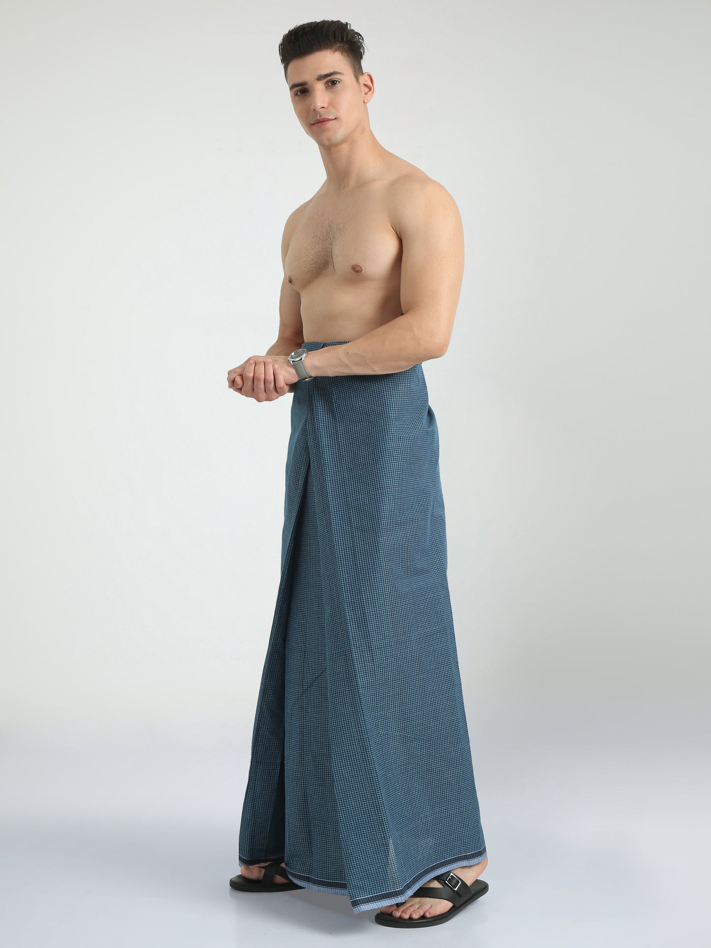 Urban Lungies - 100% Pure Cotton - Classic Kasturi Navy Blue Unstiched Lungi 2.10 meters