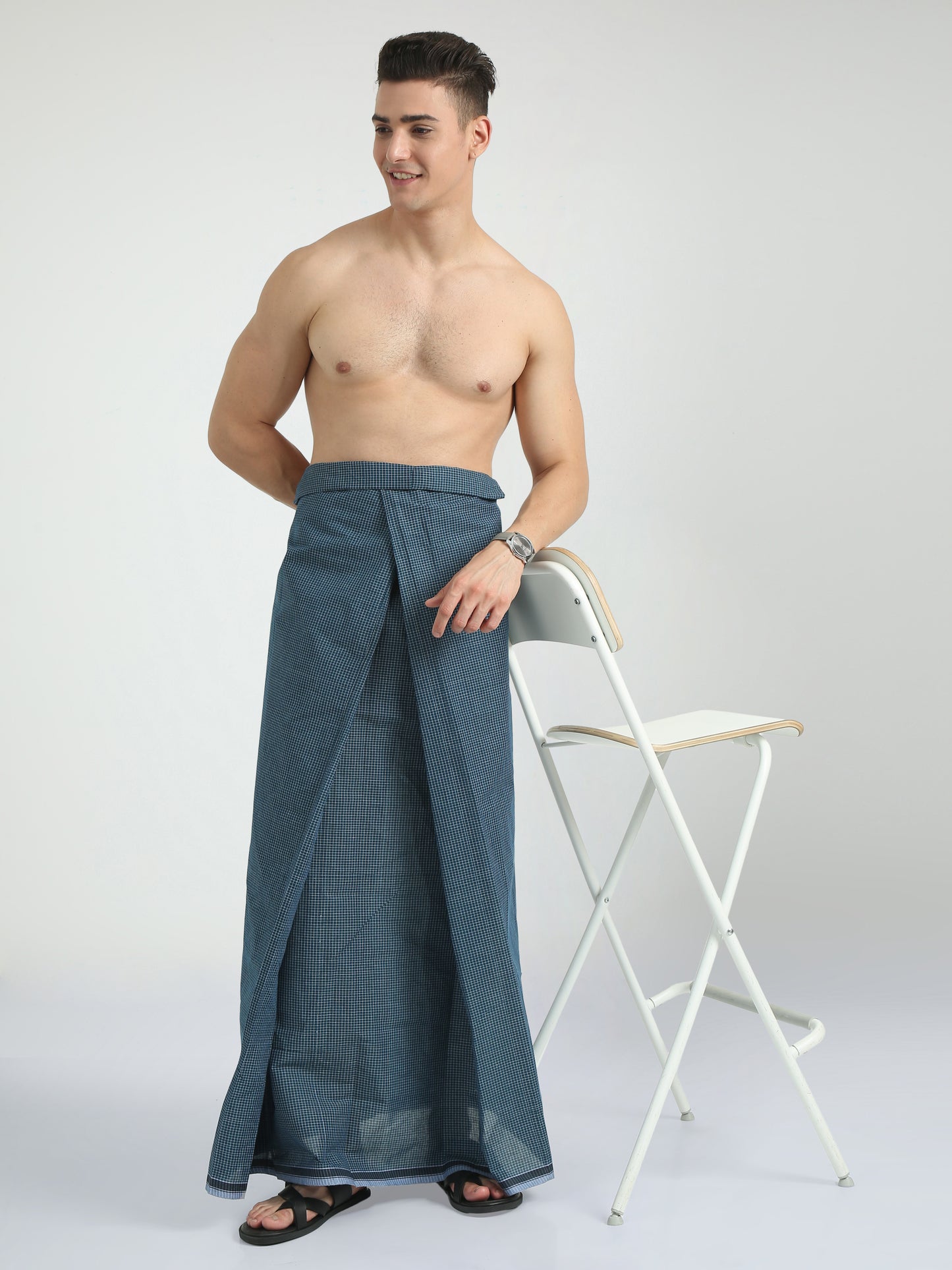 Urban Lungies - 100% Pure Cotton - Classic Kasturi Navy Blue Unstiched Lungi 2.10 meters