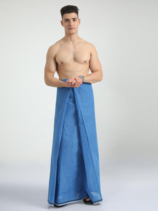 Urban Lungies - 100% Pure Cotton - Classic Kasturi Ocean Blue Unstiched Lungi 2.10 meters