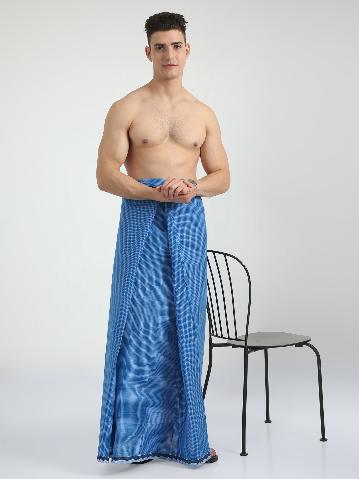 Urban Lungies - 100% Pure Cotton - Classic Kasturi Ocean Blue Unstiched Lungi 2.10 meters