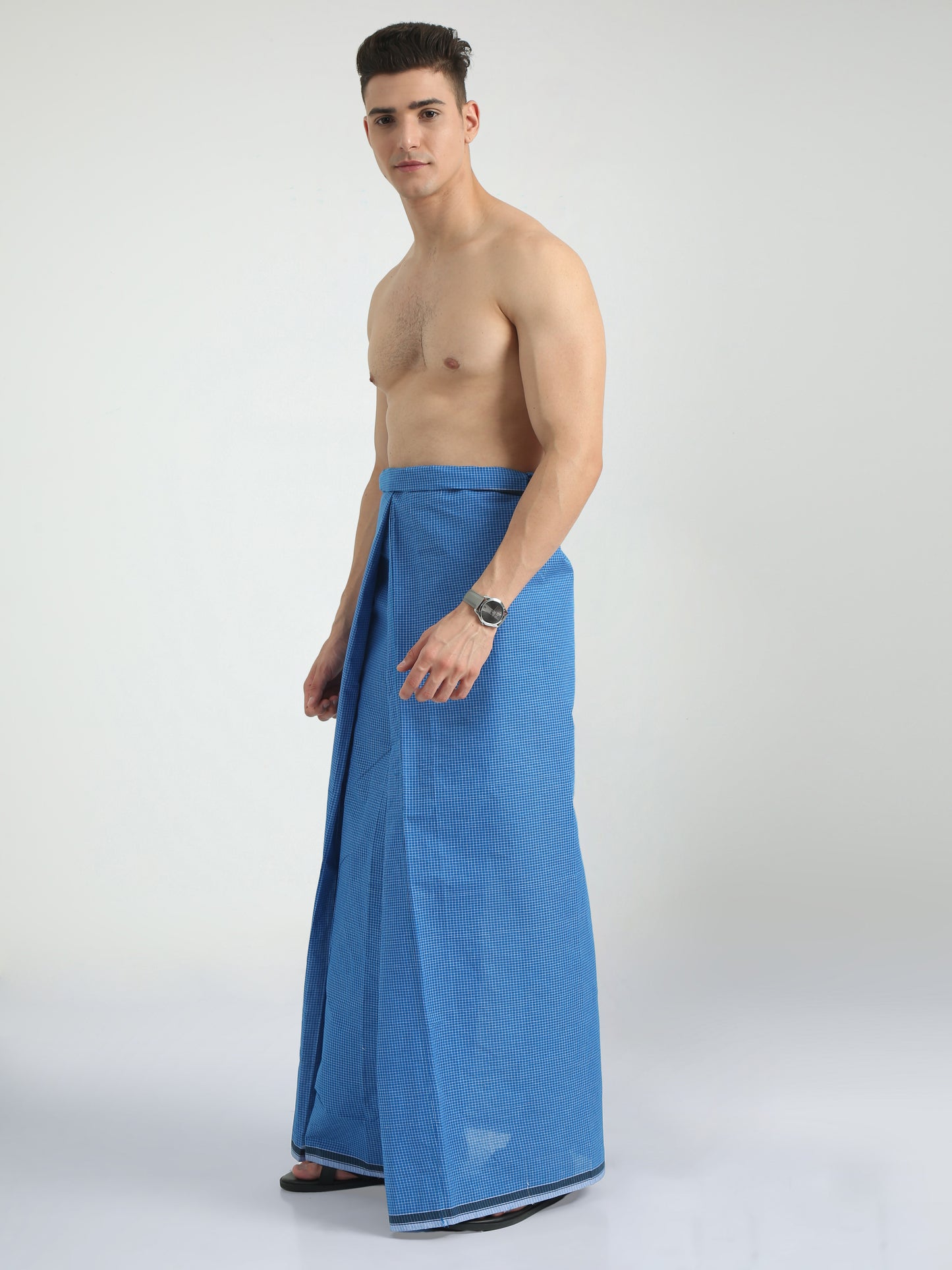 Urban Lungies - 100% Pure Cotton - Classic Kasturi Ocean Blue Unstiched Lungi 2.10 meters