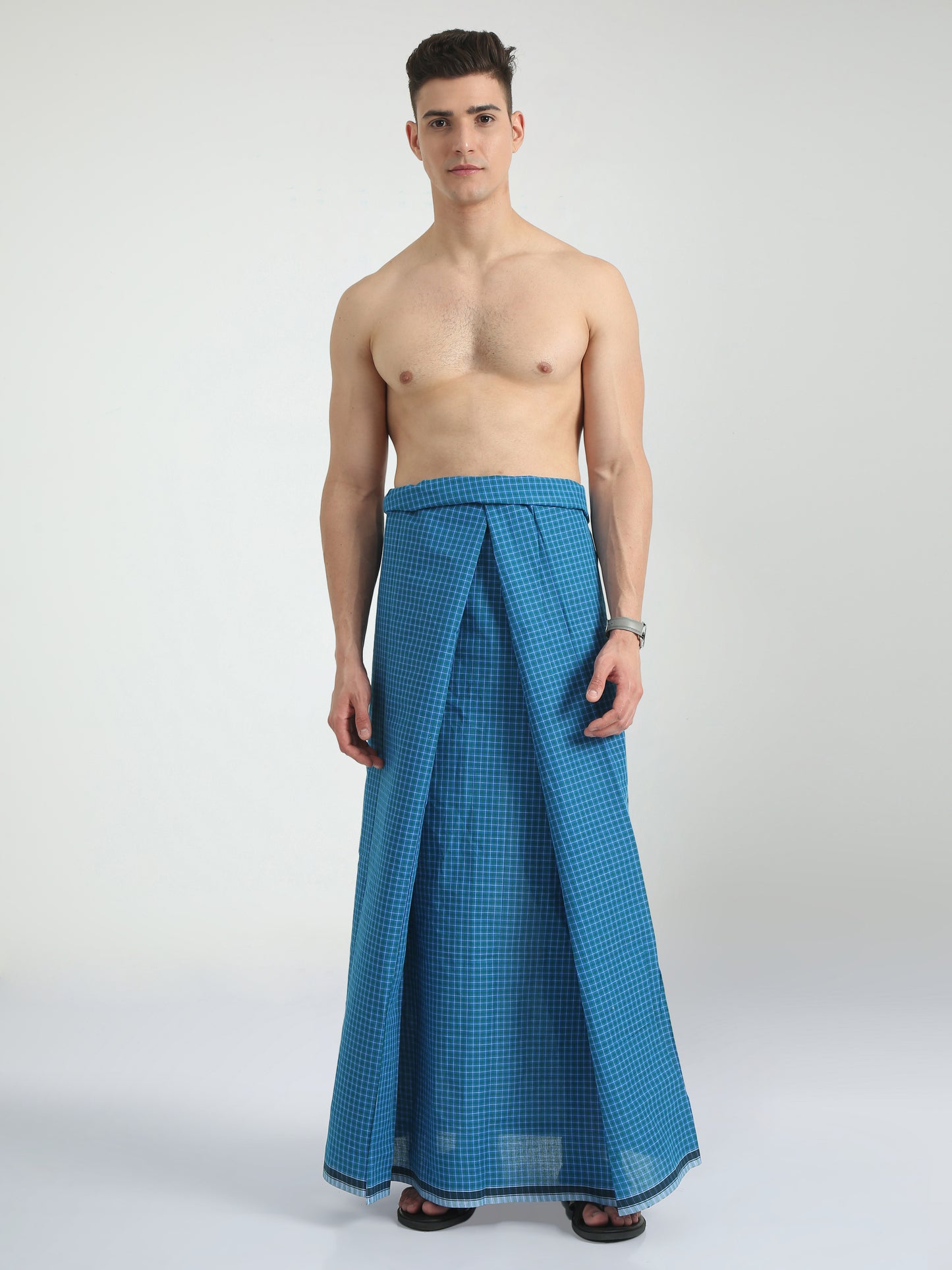 Urban Lungies - 100% Pure Cotton - Pin Point Blue and Green Unstiched Lungi 2.10 meters