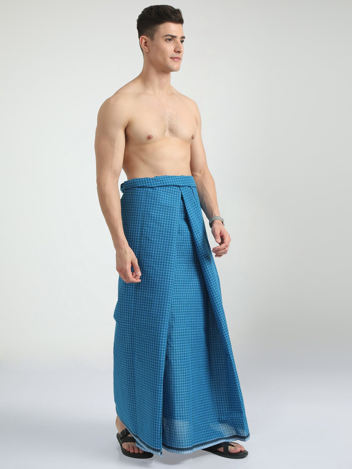 Urban Lungies - 100% Pure Cotton - Pin Point Blue and Green Unstiched Lungi 2.10 meters