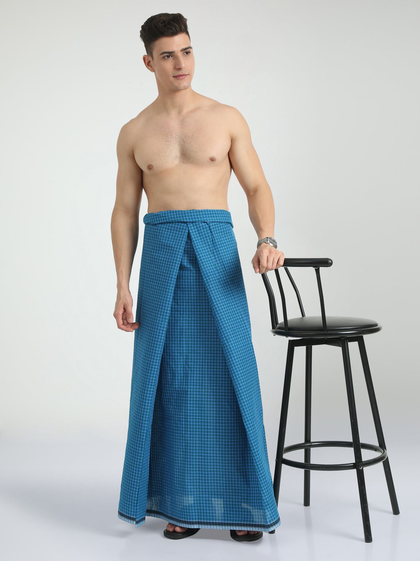 Urban Lungies - 100% Pure Cotton - Pin Point Blue and Green Unstiched Lungi 2.10 meters