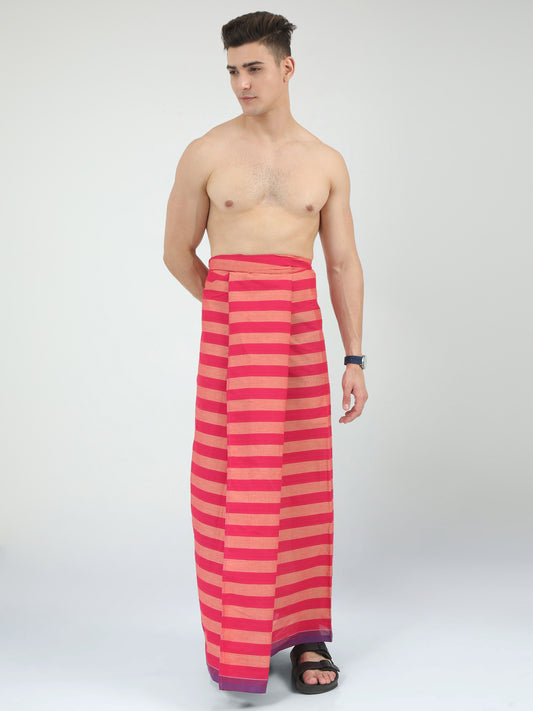 Urban Lungies - 100% Pure Cotton - Lined Pink and Peach Unstiched Lungi 2.10 meters