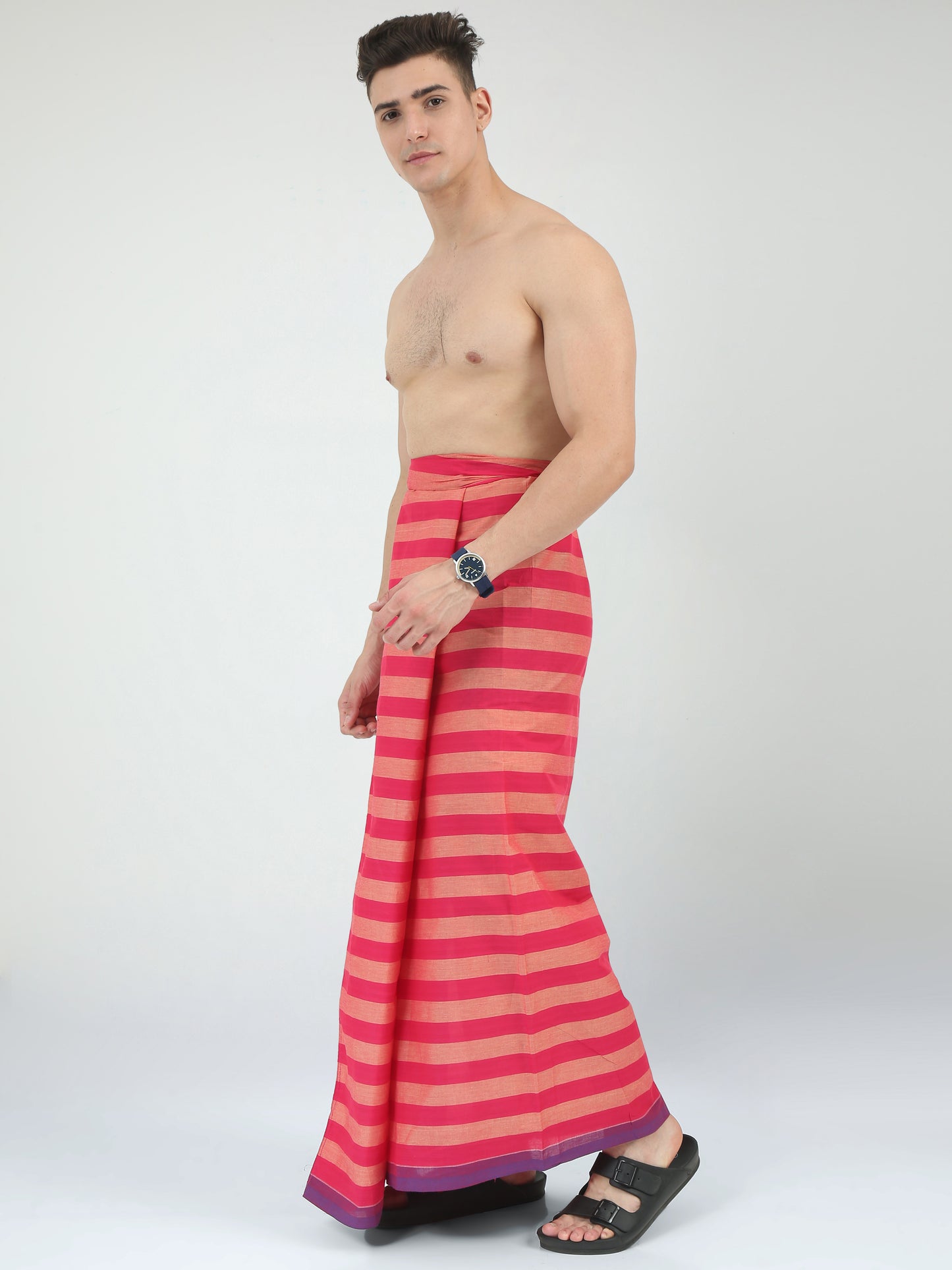 Urban Lungies - 100% Pure Cotton - Lined Pink and Peach Unstiched Lungi 2.10 meters