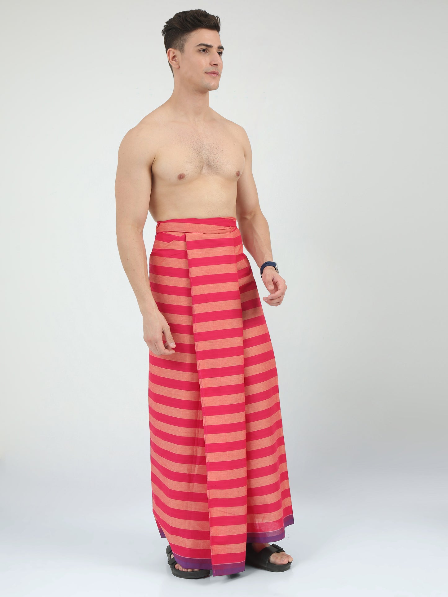 Urban Lungies - 100% Pure Cotton - Lined Pink and Peach Unstiched Lungi 2.10 meters