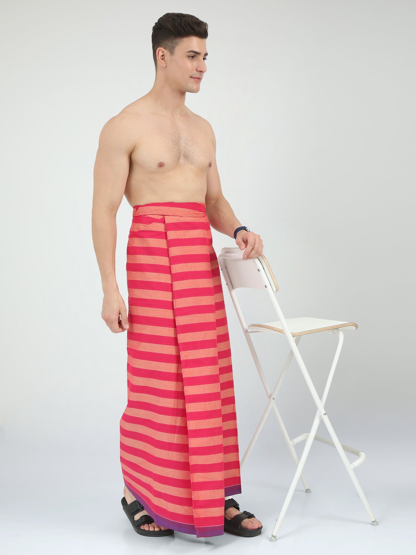 Urban Lungies - 100% Pure Cotton - Lined Pink and Peach Unstiched Lungi 2.10 meters