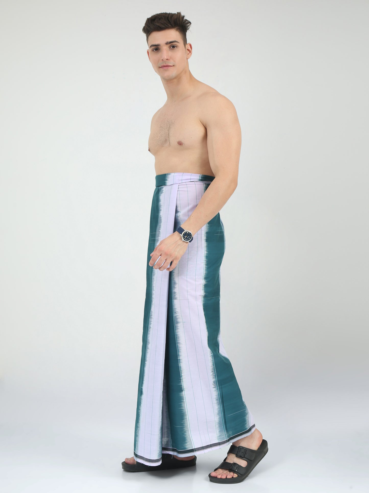Urban Lungies - 100% Pure Cotton - Striped Katari Green Unstiched Lungi 2.10 meters