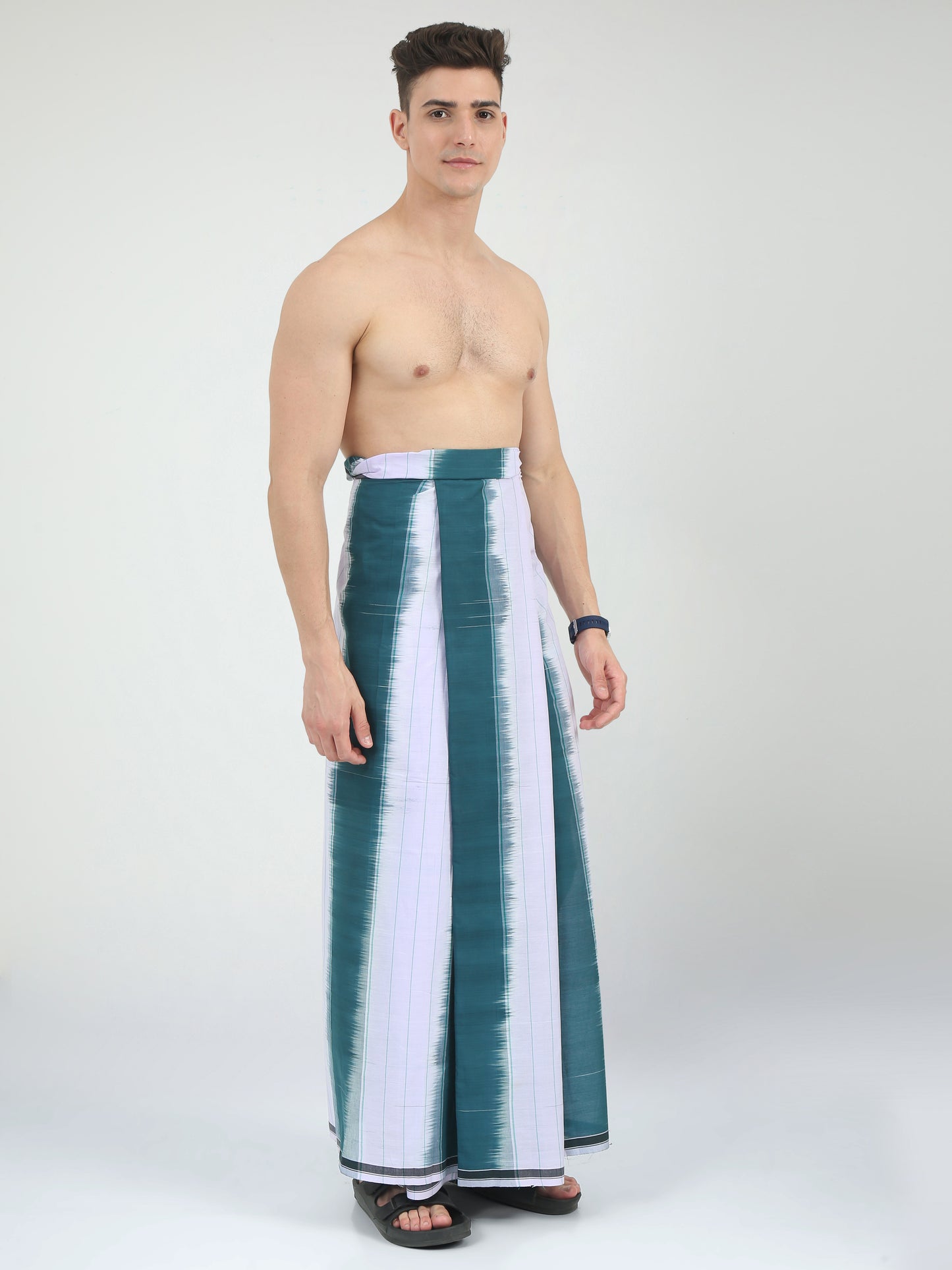 Urban Lungies - 100% Pure Cotton - Striped Katari Green Unstiched Lungi 2.10 meters
