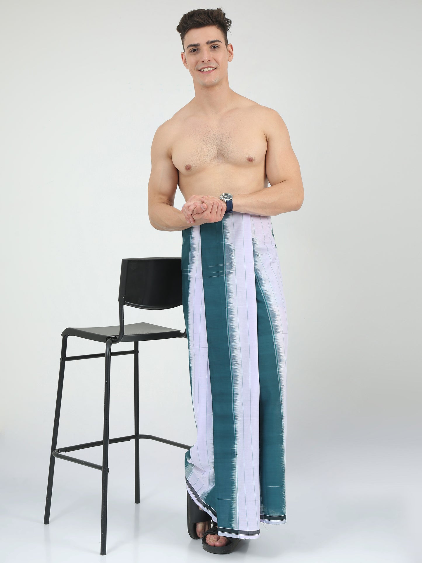 Urban Lungies - 100% Pure Cotton - Striped Katari Green Unstiched Lungi 2.10 meters