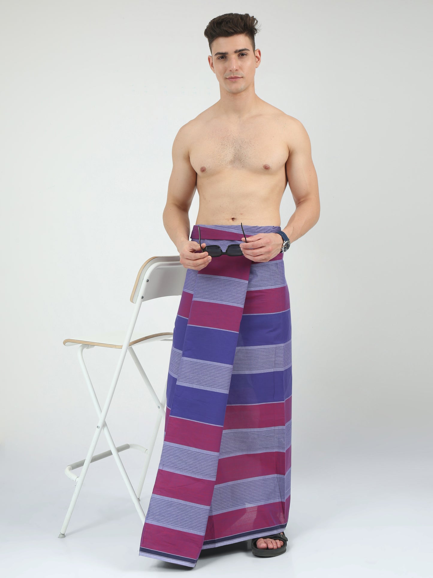 Urban Lungies - 100% Pure Cotton - Fancy Purple Striped Unstiched Lungi 2.10 meters