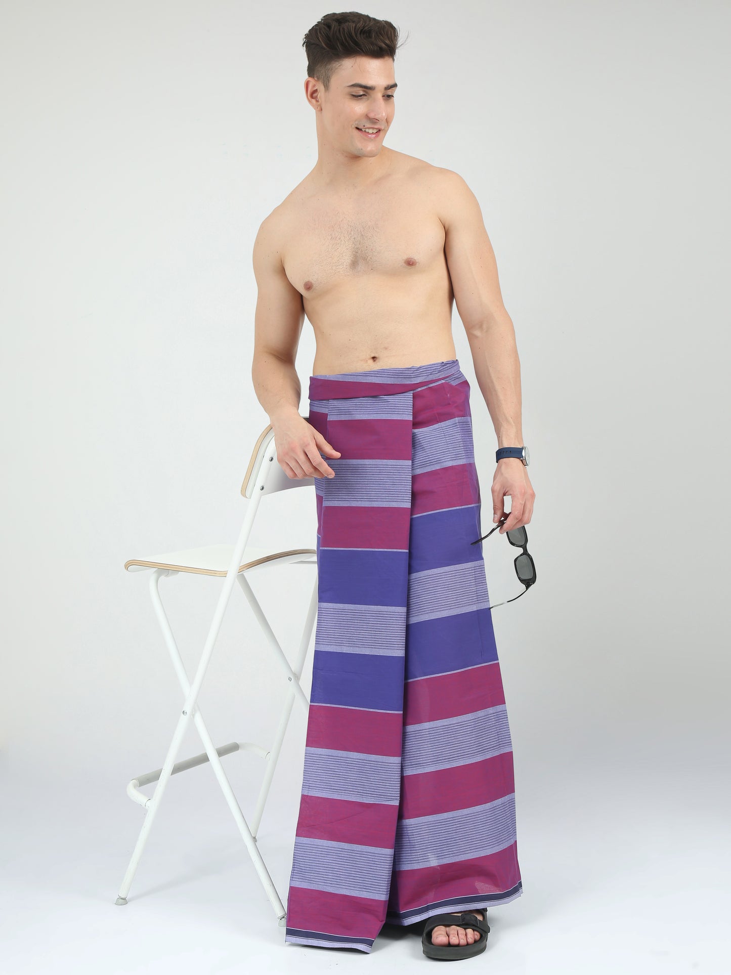 Urban Lungies - 100% Pure Cotton - Fancy Purple Striped Unstiched Lungi 2.10 meters