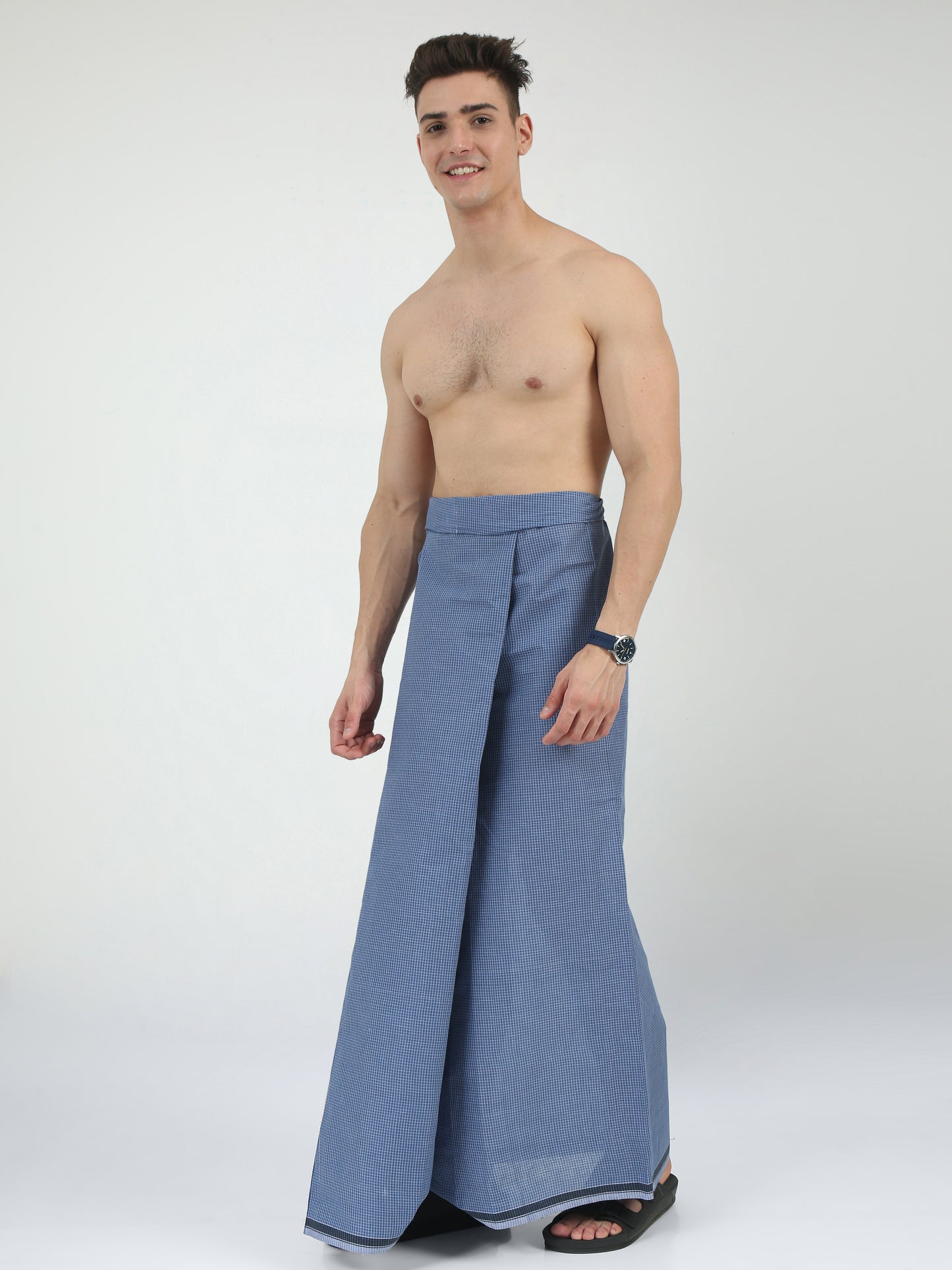 Urban Lungies - 100% Pure Cotton - Classic Kasturi Sapphire Blue Unstiched Lungi 2.10 meters