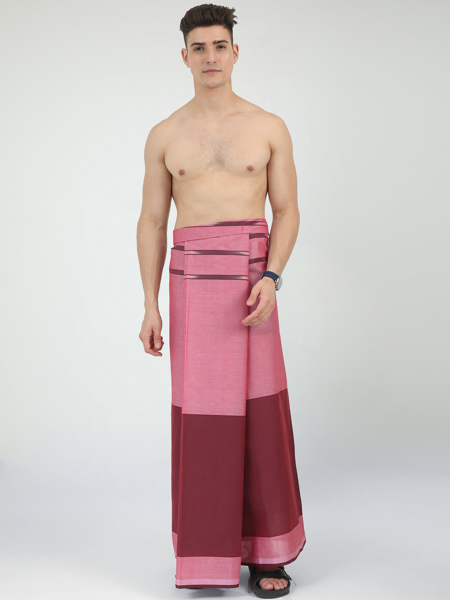 Urban Lungies - 100% Pure Cotton - Bordered Maroon Pink Unstiched Lungi 2.10 meters