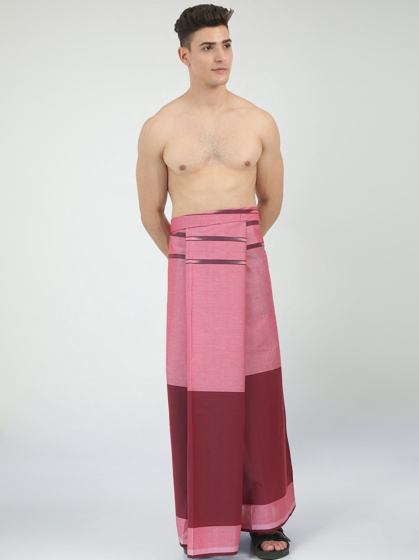 Urban Lungies - 100% Pure Cotton - Bordered Maroon Pink Unstiched Lungi 2.10 meters