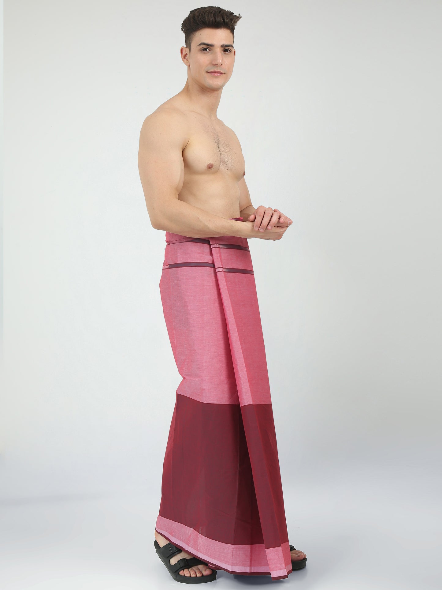 Urban Lungies - 100% Pure Cotton - Bordered Maroon Pink Unstiched Lungi 2.10 meters