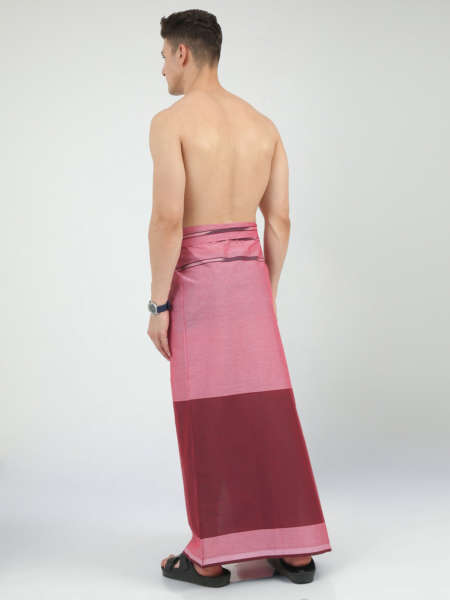 Urban Lungies - 100% Pure Cotton - Bordered Maroon Pink Unstiched Lungi 2.10 meters