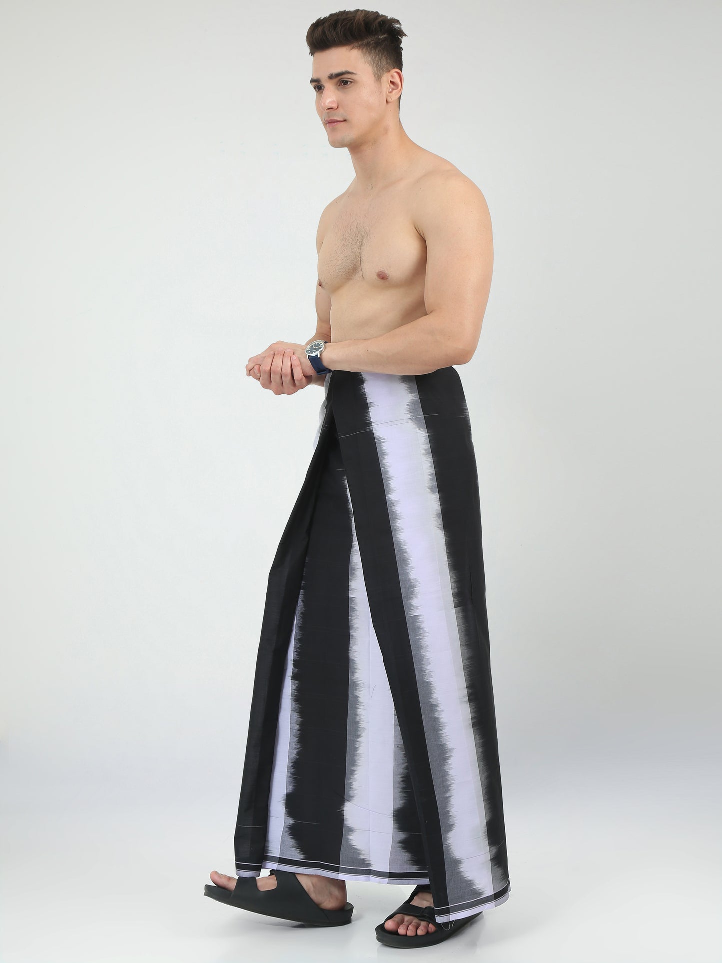Urban Lungies - 100% Pure Cotton - Striped Katari Black Unstiched Lungi 2.10 meters