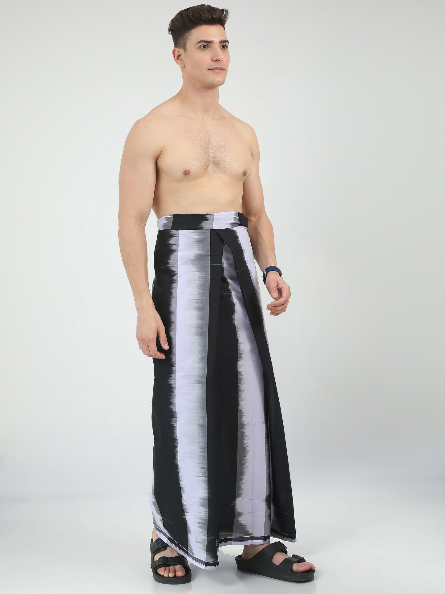 Urban Lungies - 100% Pure Cotton - Striped Katari Black Unstiched Lungi 2.10 meters