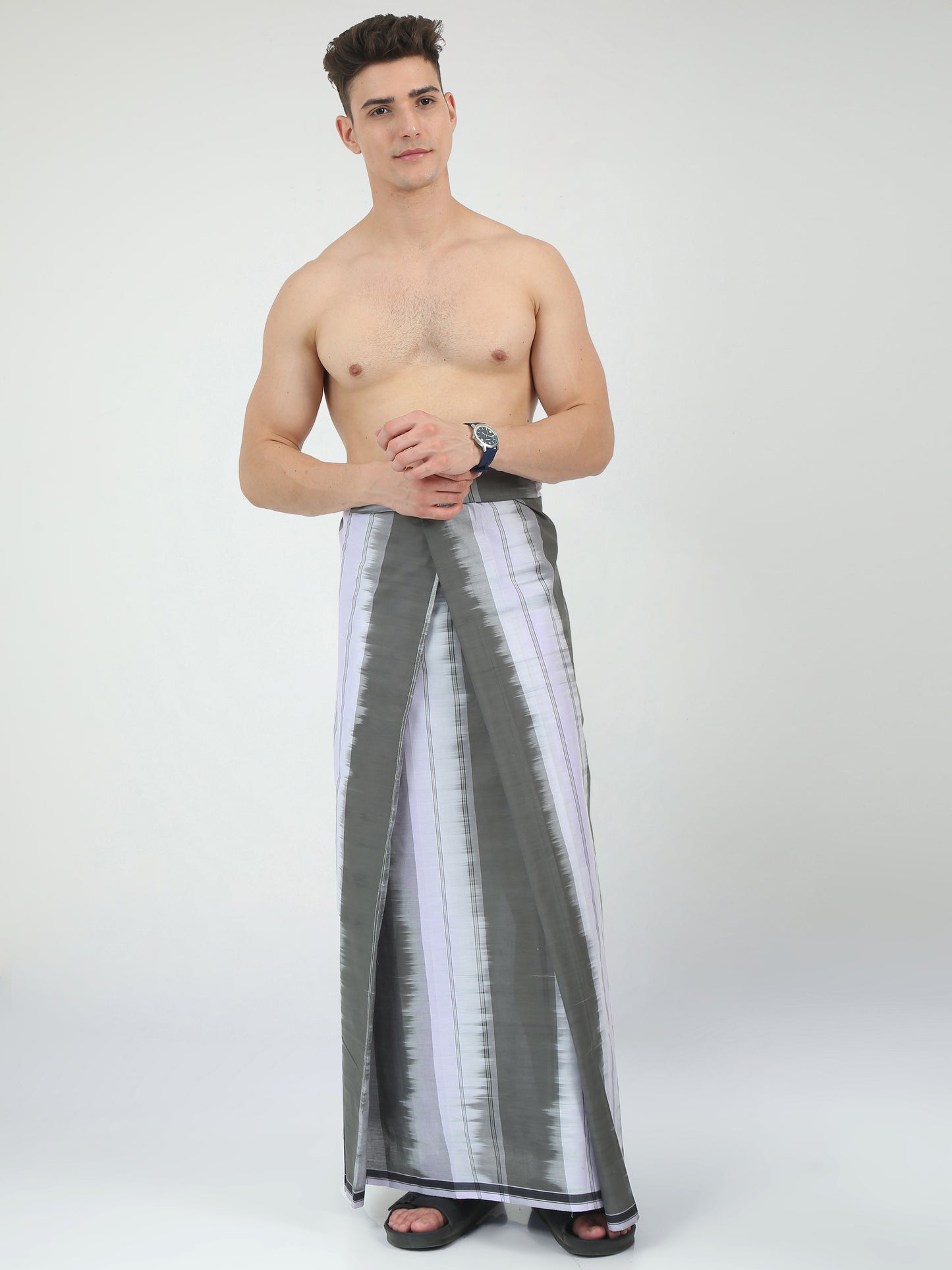 Urban Lungies - 100% Pure Cotton - Striped Katari Grey Unstiched Lungi 2.10 meters