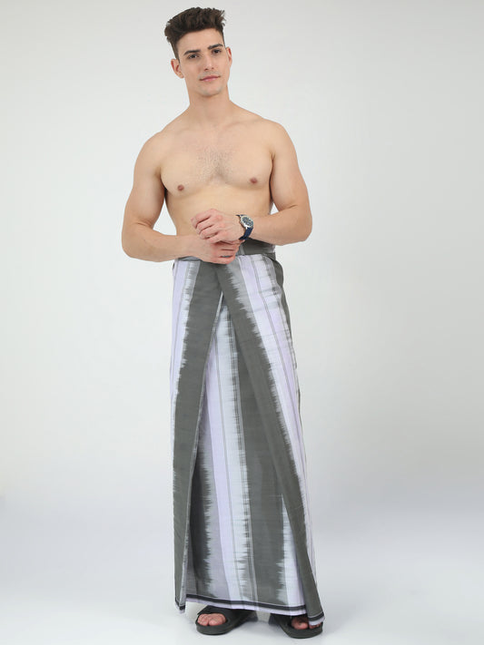 Urban Lungies - 100% Pure Cotton - Striped Katari Grey Unstiched Lungi 2.10 meters