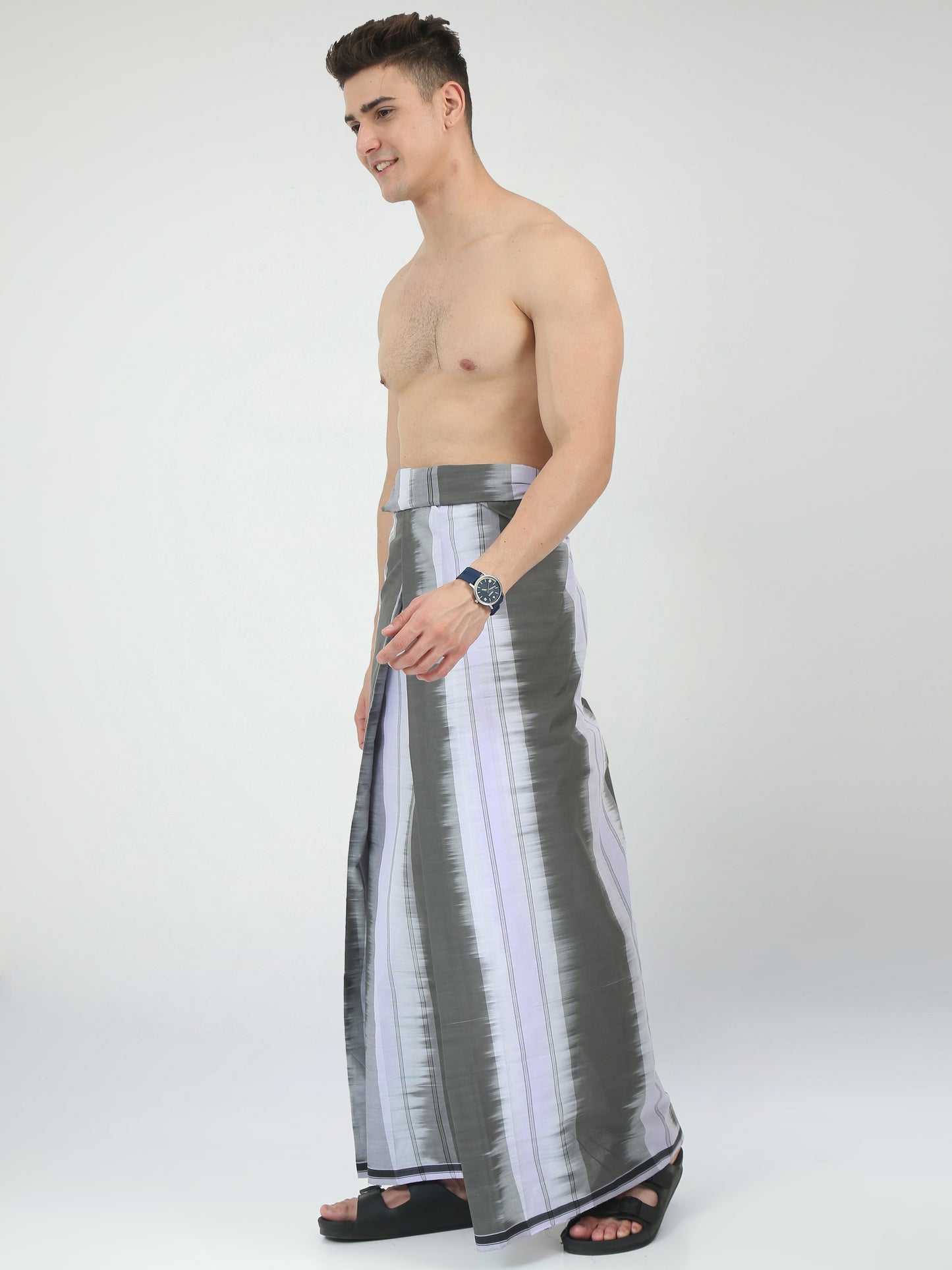 Urban Lungies - 100% Pure Cotton - Striped Katari Grey Unstiched Lungi 2.10 meters