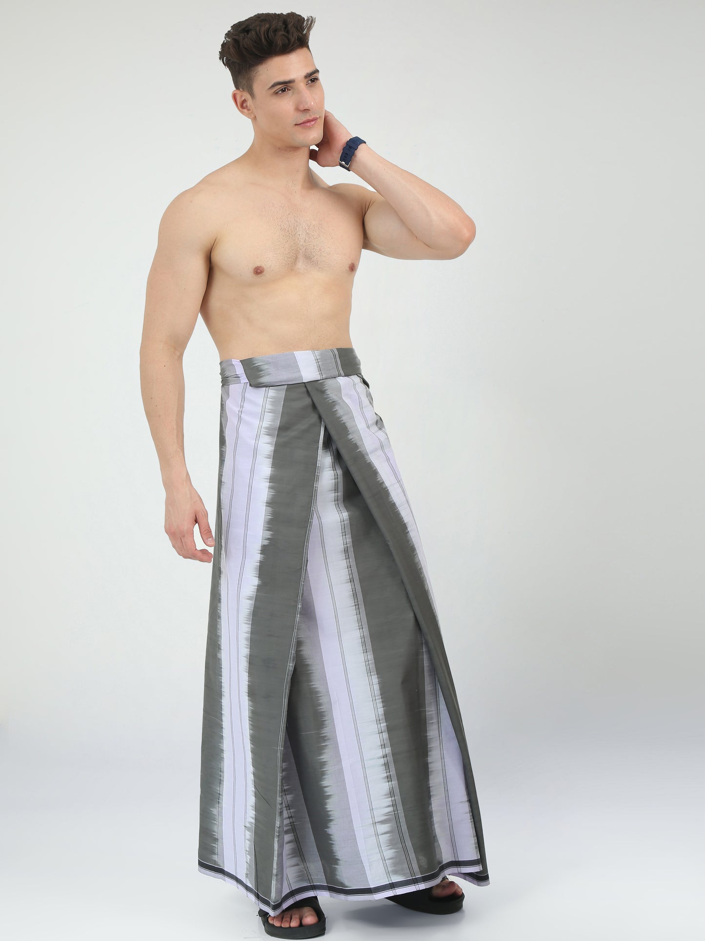 Urban Lungies - 100% Pure Cotton - Striped Katari Grey Unstiched Lungi 2.10 meters