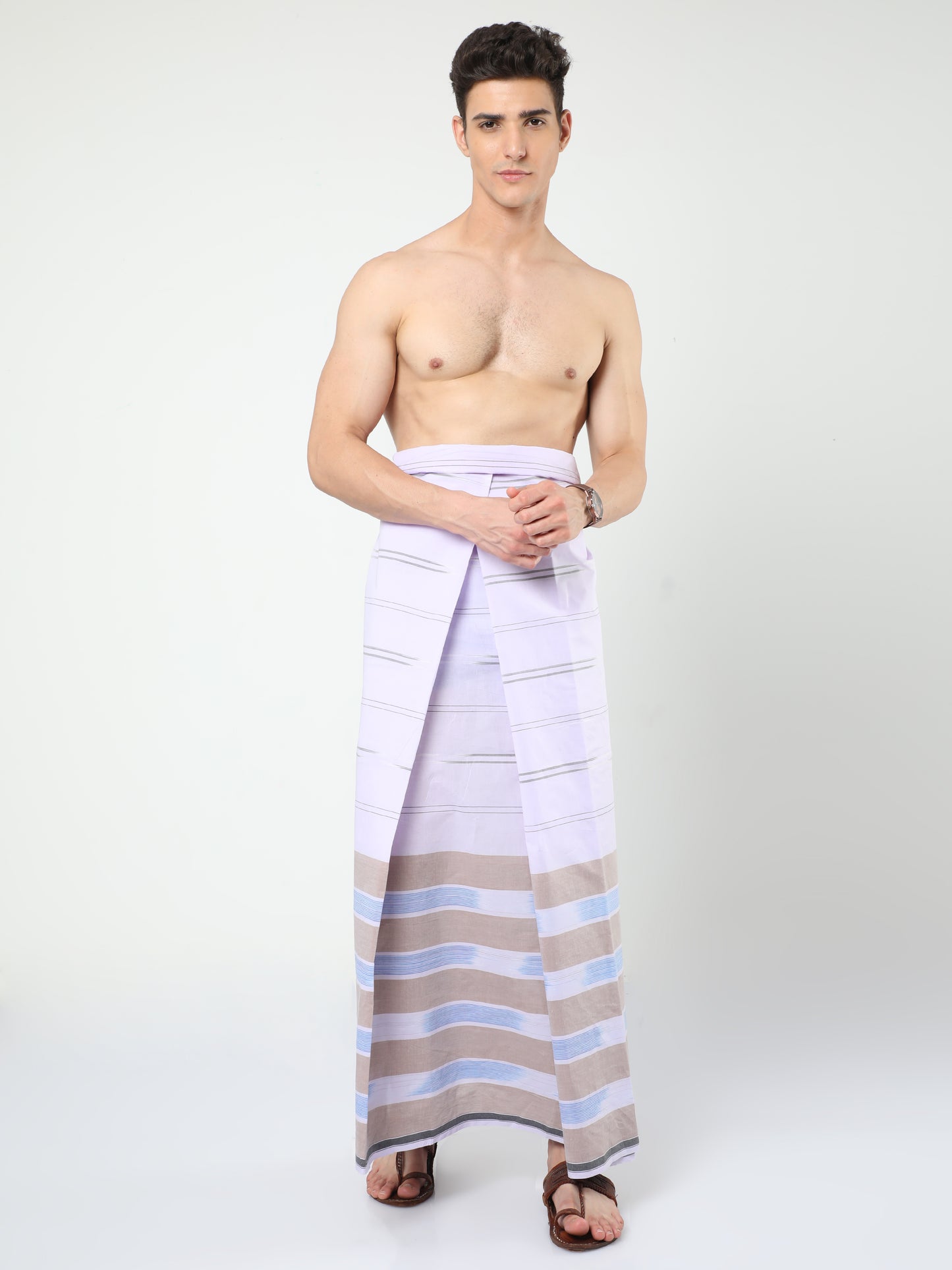 Urban Lungies - Premium Cotton - White and green Stripes katari Lungi Unstitched