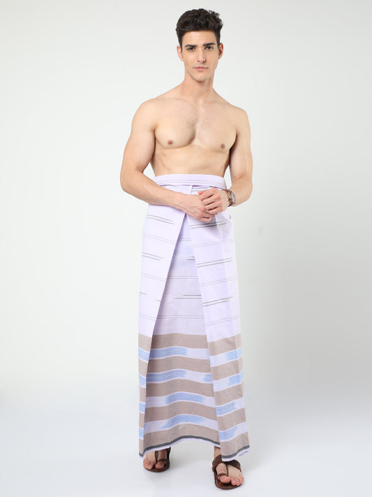 Urban Lungies - Premium Cotton - White and green Stripes katari Lungi Unstitched
