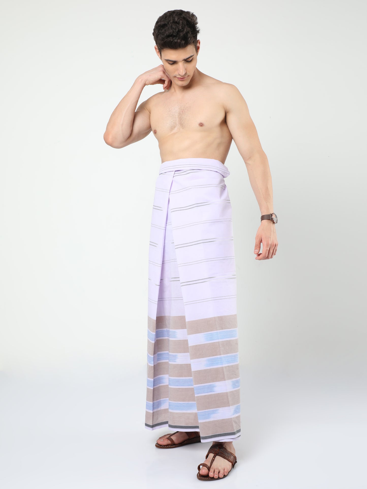 Urban Lungies - Premium Cotton - White and green Stripes katari Lungi Unstitched