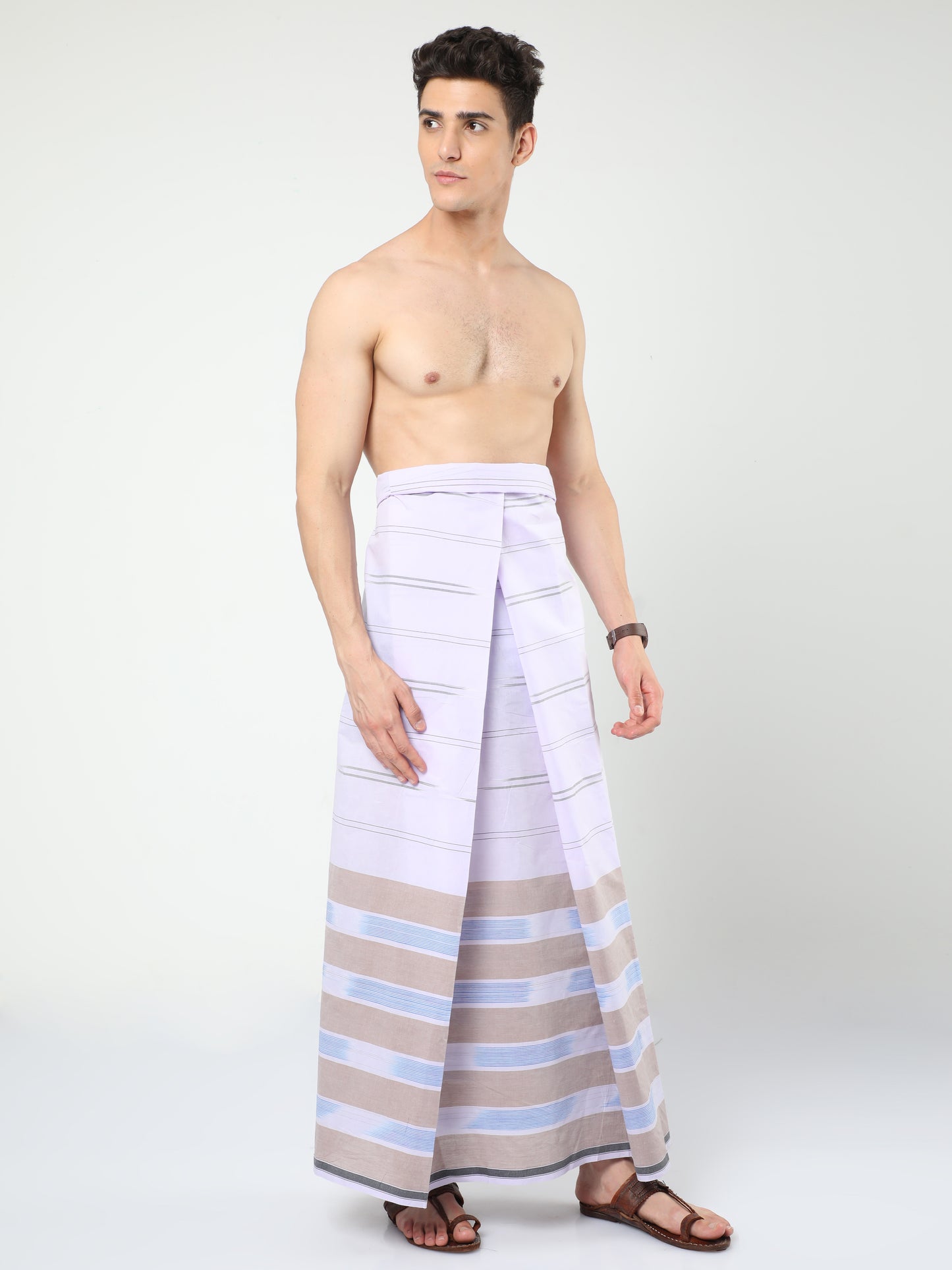 Urban Lungies - Premium Cotton - White and green Stripes katari Lungi Unstitched