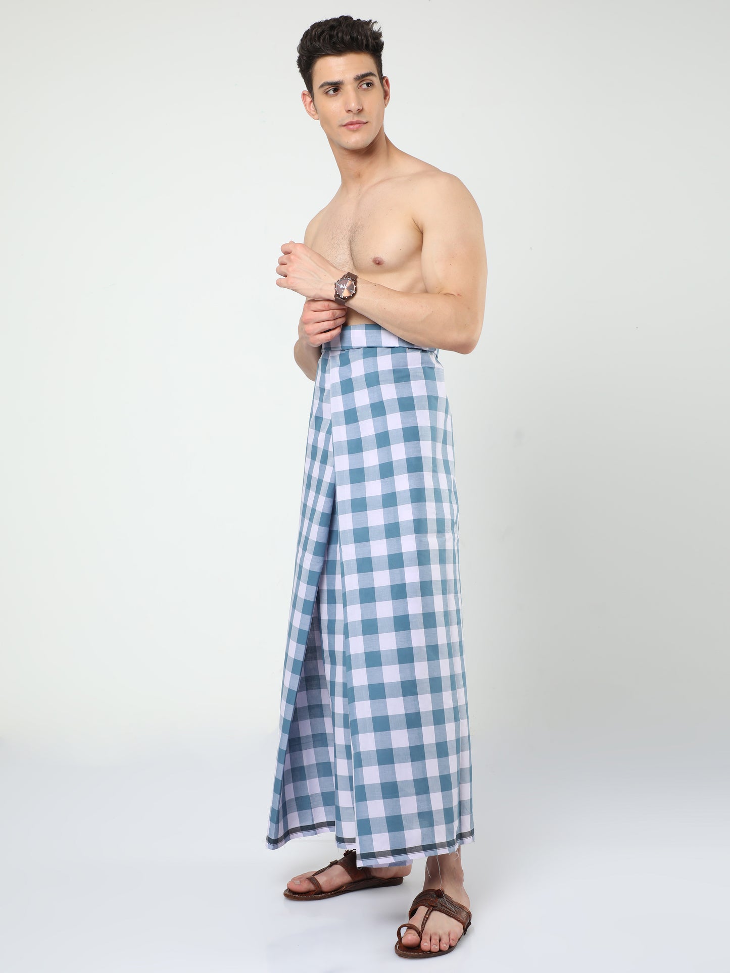 Urban Lungi - Premium Cotton - Green and White Checks Lungi Unstiched